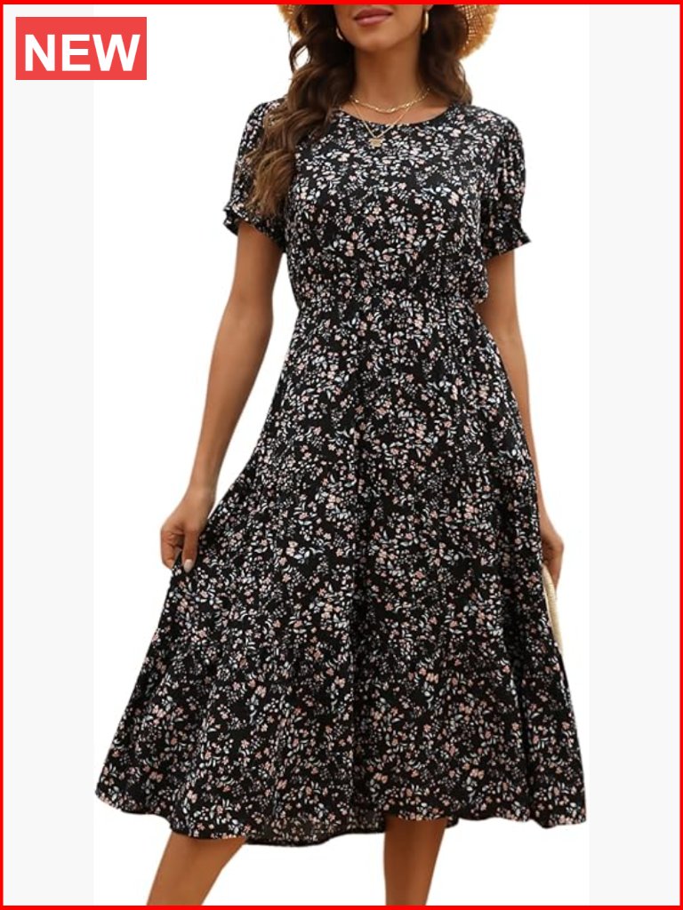 Floral Print Puff Sleeve Tiered A-Line Swing Midi Dress With Pockets